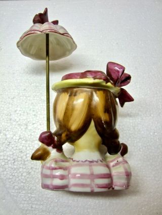 Vintage Napco Lady Head Vase: Girl with Pigtails & Red Parasol Umbrella 5
