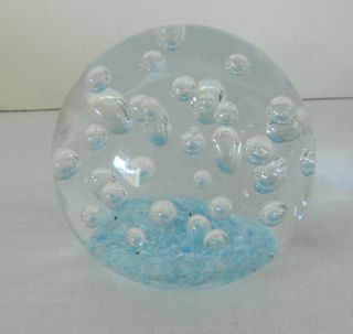 Round Paperweight Clear Controlled Bubble Art Glass Globe Ball Sphere Blue Base