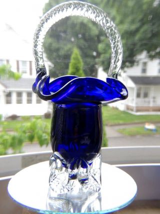 Cobalt Blue And Clear Art Glass Handled Basket
