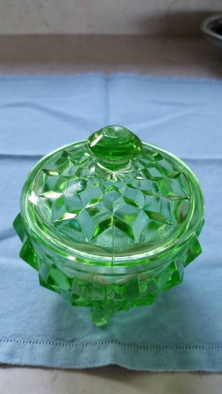 Green Depressionware Glass Covered Dish For Candy,  Jewelry,  Etc.