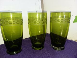 3 Vintage 6 1/8 " Tall Green Glass Tumblers With Geometric Etching