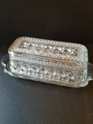 Vintage Pressed Cut Clear Glass Rectangular Butter Dish W/ Handled Lid