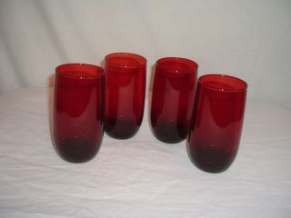 4 Anchor Hocking Ruby Red Glass Tumblers 5 " Drinking Glasses Vintage Roly Poly
