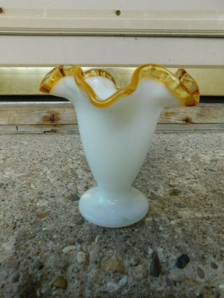 Vintage Fenton Amber/gold Crest Milk Glass Ruffled Edge Vase
