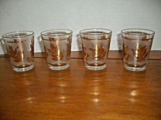 Vintage Set Of4 Libbey Frosted Gold Leaf Shot Glasses 22k Gold.  Trim 2 1/4in