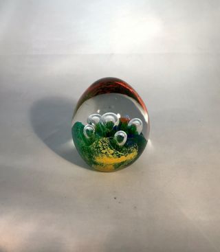Art Glass - Controlled Bubble - Yellow,  Red,  Blue,  Green Paperweight - Egg Shape 3.  25 "