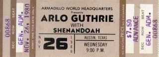 Rare Arlo Guthrie 11/26/80 Austin Tx Armadillo World Headquarters Ticket Awh