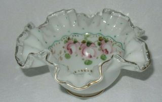 Fenton Silver Crest Milk Glass Bowl Hand Painted Roses And Gold Trim Signed
