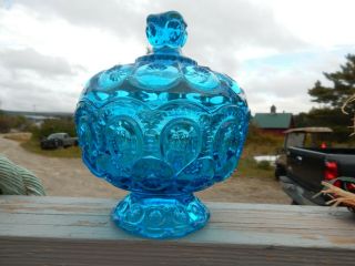 Vintage L.  E.  Smith Blue Glass Moon & Stars Covered Candy Dish