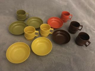 Vintage Tupperware Childrens Toy Dish Set Orange Green Brown Yellow Bowl Mug