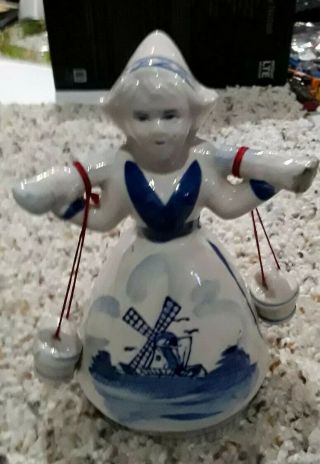 Delft Blue Little Dutch Girl Water Buckets Bell Figurine Windmill
