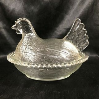 Vintage Indiana Clear Glass Hen On Nest Covered Candy Dish