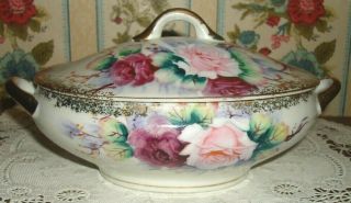 Hand Painted Roses Covered Ceramic Dish,  Deep Rose Pink Lavender Gold Gilt