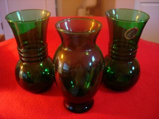 Set Of 3 Forest Green 6 1/2 " Tall Anchor Glass Vases