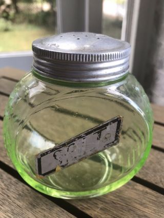 Vintage Uranium Green Depression Vaseline Glass Shaker Jar Salt Hoosier Ribbed