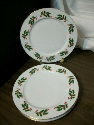 Vintage Christmas Fine China Japan Holly Berry Dinner Plate 4 Pc 10 1/4 "