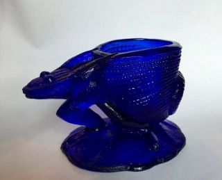 Vintage Cobalt Blue Glass Frog On A Lily Pad Toothpick Holder Figurine Salt Dish