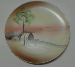 Vtg Hand Painted Meito China Dinner/wall Plate Landscape Tree Barn Sunrise Scene