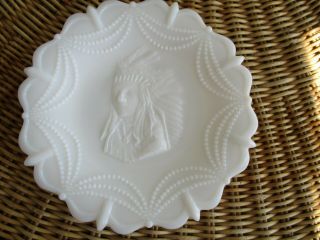 Vintage Native American Indian Chief White Milk Glass Plate Circa 1910 Euc