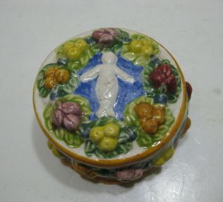 Vintage Italian Pottery Della Robbia Fruit W/ Christ Child Small Trinket Box
