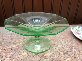 Vintage Green Depression Glass Design Decagon Compote Candy Dish