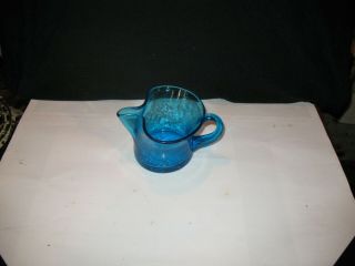 Vintage Hand Blown Light Blue Crackle Glass Pitcher 3 - 1/2 " Tall