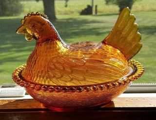 Vintage Indiana Glass Amber Carnival Hen On Nest Dish 8 " X 5 "