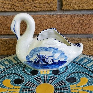 Delft Hand - Painted Swan Pottery Planter Made In Holland Blue White Windmill