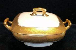 1920s Paul Muller Gold Encrusted Porcelain Square Dish With Lid (oo)