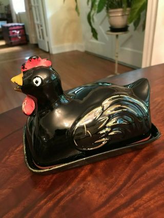 Vintage Redware Art Pottery Covered Butter Dish Black Chicken Hen Folk Art