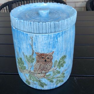 Vintage Hobby Ceramic Hand Painted Owl Blue Tree Canister 8”