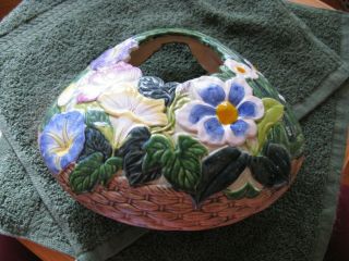 Vintage MAJOLICA wall pocket vase.  Flowered basket like. 2