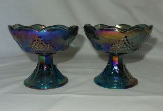 Indiana Blue Carnival Glass Harvest Grape Candle Stick Holders Set Of 2
