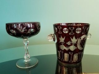 Vintage Egermann Czech Ruby Red Hand Cut Crystal Ice Bucket & Champagne Glass
