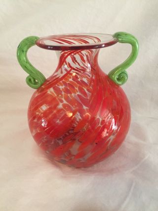 Noveau Art Glass Vase: Swirl Spotted Orange Dots With Green Handles