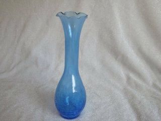 Vintage Crackle Glass Bud Vase Blue Ruffle Top 8 Inches