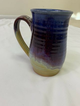 Handmade Pottery Coffee Mug Tall Signed By Artist Blue & Tan