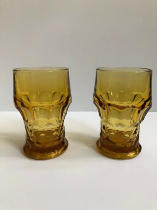 Vintage Set Of 2 Indiana Glass Amber Gold Thumbprint Glass Beverage Iced Tea