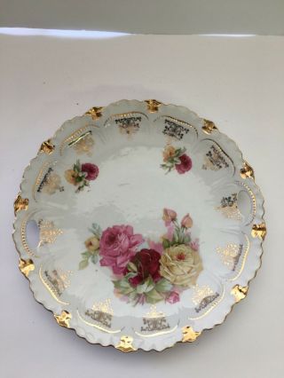Antique German Handled Cake Plate Art Nouveau Cabbage Rose Pattern Gold Trim