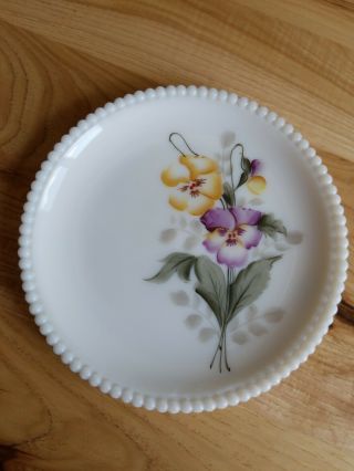 Vintage Westmoreland Milk Glass Plate With Hand Painted Pansies And Hobnail Trim