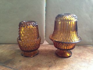 2 Vintage Indiana Amber Glass Diamond Point Fairy Lamp Candle Holder