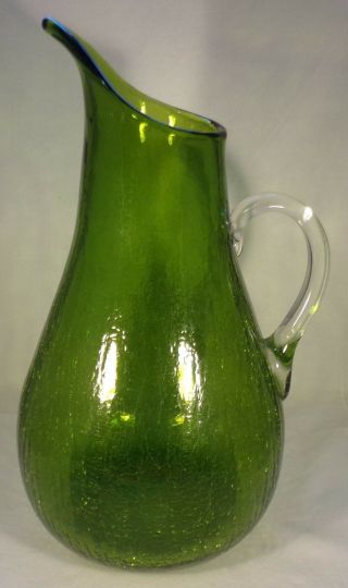 60s Pitcher Green Large Blenko Hand Made Crackle Glass Clear Handle 12 "