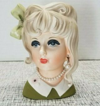 Vintage Inarco Blond Hair Blue Eye Lady Head Vase Green Bow Pearls Flower Collar