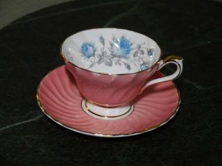 Aynsley Bone China England Pink Porcelain Tea Cup & Saucer Blue Flowers