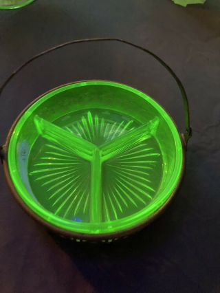 Green Depression Vaseline Glass Divided Candy - Nut - Relish Dish W Chrome Basket