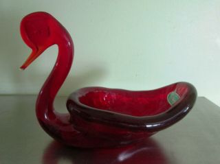 Vintage Red Bischoff Glass Hand Crafted Swan Dish
