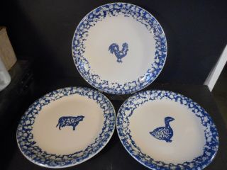 Tienshan Folk Craft Animals Blue Sponge Ware 3 Dinner Plates Rooster Goose & Cow