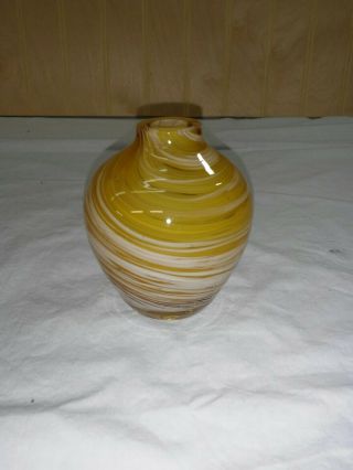 Vintage Hand Blown Art Glass Yellow/white Swirl Bud Vase Paperweight 3 1/2 "