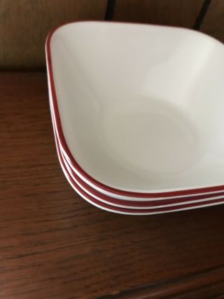 3 Corning Corelle Square Soup Cereal Bowls White With Red Trim Edges
