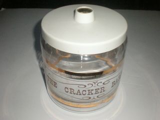 Vintage Pyrex The Cracker Barrel Glass Container With Plastic Lid Gold Lettering